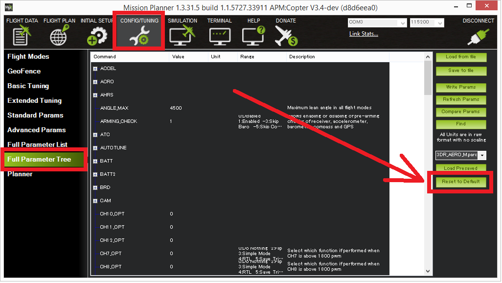 Parameter Reset Copter documentation