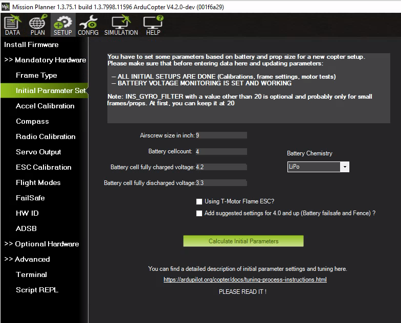 Setting the Aircraft Up for Tuning Copter documentation